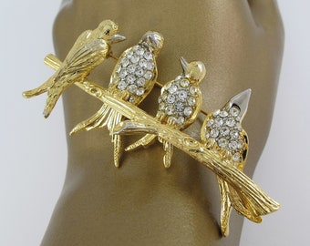 Joan Rivers Four Swallows Brooch, Flock of Birds Pin, Four Friends, Rhinestones, Bird Lover Jewelry, Animal Pin, Silver and Gold