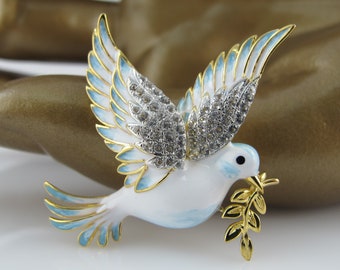 Sterling and Goldplate Dove of Peace Pin with CZ Stones, Olive Branch, Bird of God, Flying Dove, Animal Jewelry, Noah's Ark