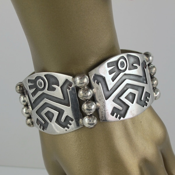 Stylized Sterling Parrot Cuff Panel Bracelet from Taxco Mexico, Vintage, 925, Tropical Bird, Animal Jewelry, Aztec, Mayans