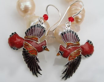 Sterling Silver Cardinal Earrings with Cloisonne Enamel