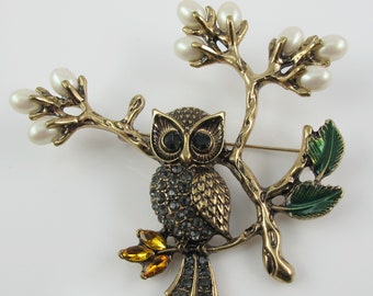 Large Owl in Tree Brooch with Faux Pearls and Rhinestones, Fall Jewelry, Autumn, October, Bird Jewelry