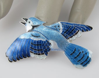 Sterling Blue Jay Brooch with Cloisonne Enamel, Songbird, Bird in Flight, Flying Bird, Animal Jewelry