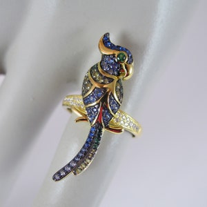 Sterling Cockatoo Parrot Ring, Cockatiel, CZ, Spinel, Animal Jewelry, Tropical Bird, Wedding