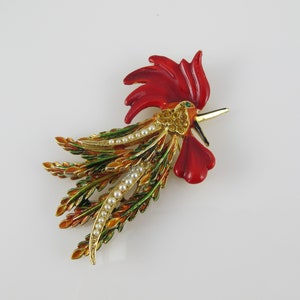 Vintage ART Crowing Rooster Brooch, Book Piece, Rhinestone Chicken, Arthur Pepper, Easter Jewelry, Animal Pin