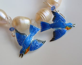 Sterling Bluebird Earrings with Austrian Crystal, Bird of Happiness, State Bird, Birdwatcher Gift