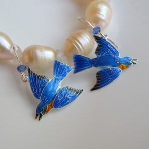 Sterling Bluebird Earrings with Austrian Crystal, Bird of Happiness, State Bird, Birdwatcher Gift