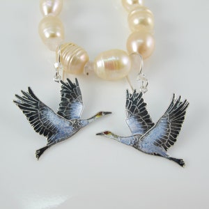 Sterling and Cloisonne Sandhill Crane Earrings, Heron Lover, Bird Jewelry, Animal