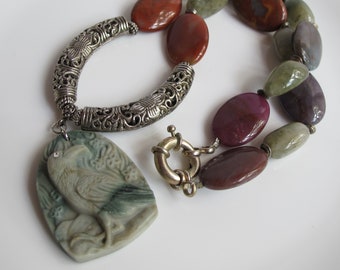 Raven Statement Necklace, Natural Stone , Ribbon Jasper, Bird Stone Necklace, Fall Colors, Autumn, Gemstone