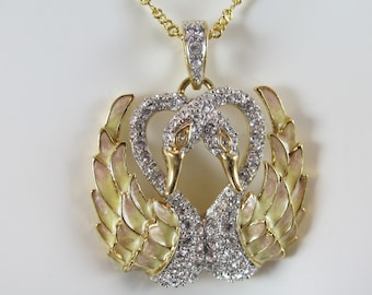 Nolan Miller Double Swan Necklace, Heart Shape Necks, Rhinestones, Enamel, Designer, Glamour Collection