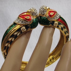 Vintage Nolan Miller Double Parrot Clamper Bangle Bracelet, Exotic Bird, Parrot Lover Gift, Christmas Colors