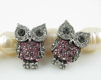Pink Rhinestone Owl Stud Earrings, Bird Post Earrings, Halloween, Autumn, Fall, Bird Jewelry