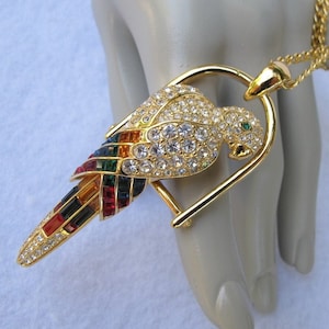 Nolan Miller Parrot Brooch Necklace Combination, Rhinestone Parrot Pin, Designer Bird Necklace, Animal Jewelry, Tropical Bird