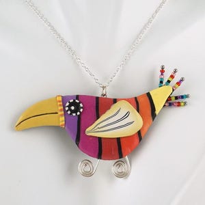 Artisan Tookie Bird Necklace, Polymer and Metal, Aracari, Summer Jewelry, Girls Just Wanna Have Fun