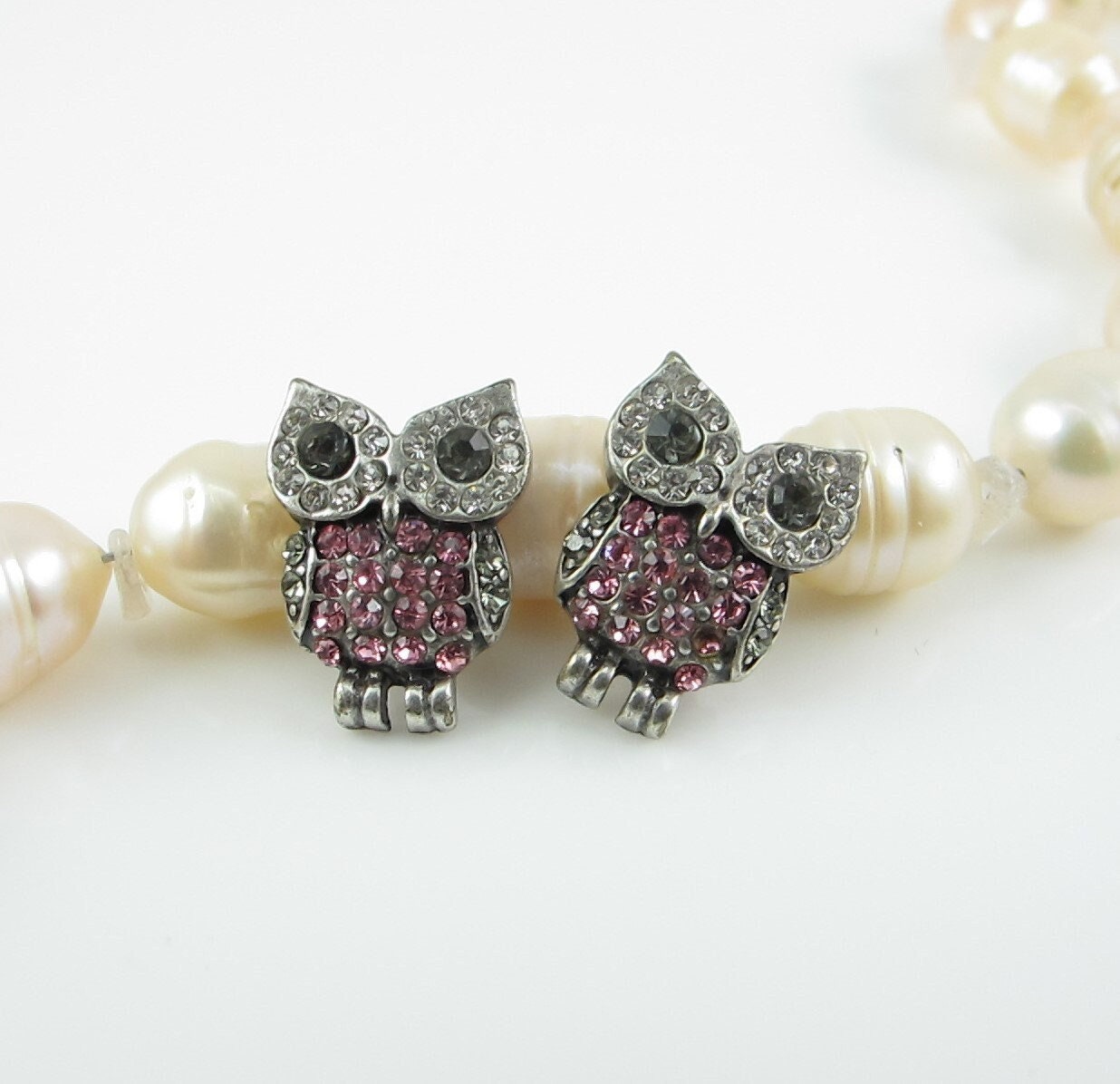 Pink Rhinestone Owl Stud Earrings, Bird Post Earrings, Halloween, Autumn, Fall, Bird Jewelry