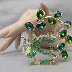 Vintage Peacock Pin with Green Rhinestones, Holiday Bird, Christmas Party Jewelry image 2