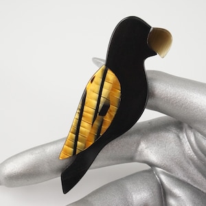 Lea Stein Parrot Brooch, Made in France,  Art Deco, Brown and Black, Designer, Tropical Bird