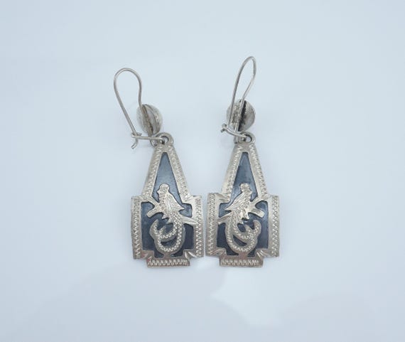Vintage Hand Carved Sterling Quetzal Earrings, National Bird of Guatemala, Unusual Shape