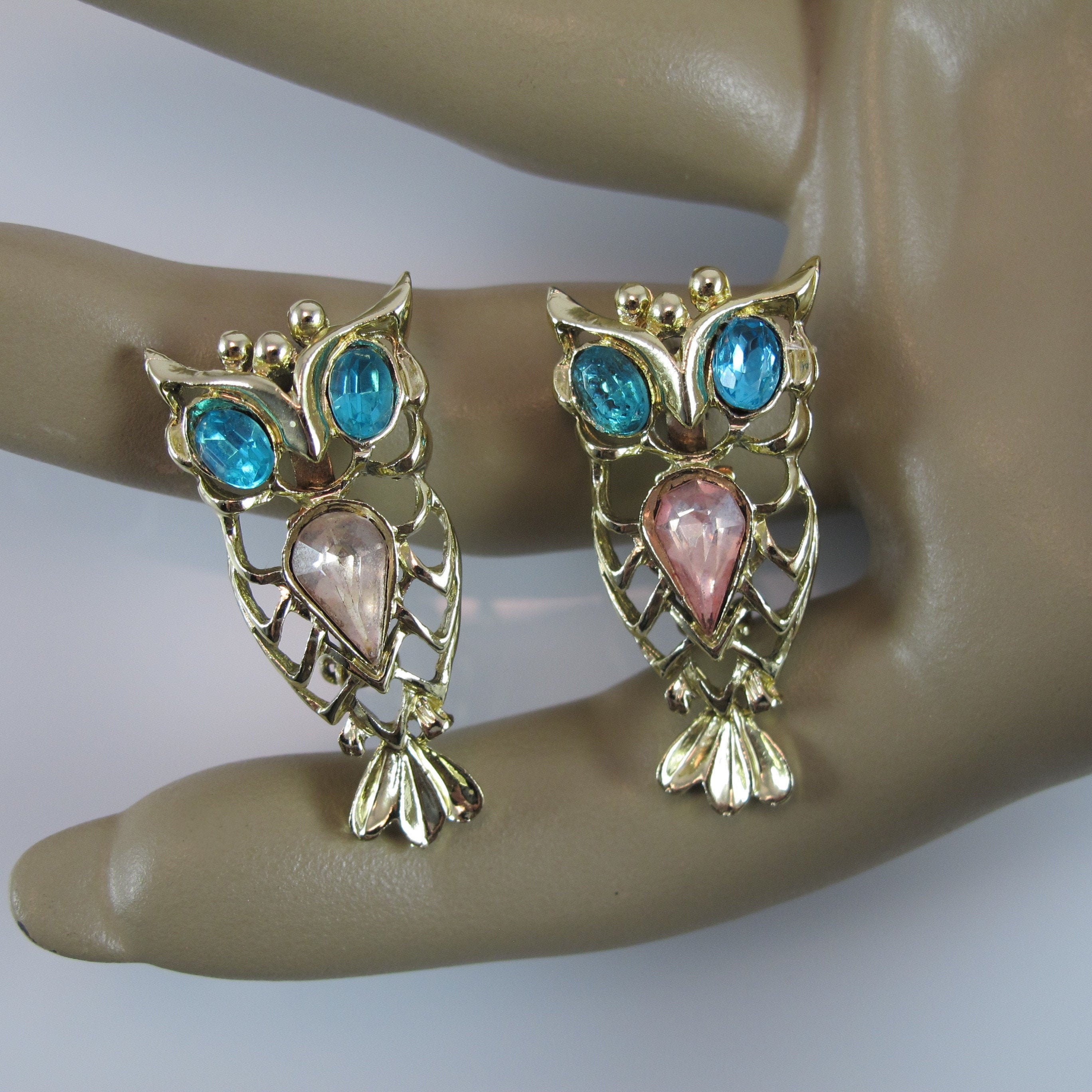 Vintage Owl Scatter Pin Set, Rhinestone Raptors, Two Owls