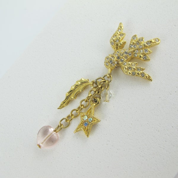 Kirk's Folly Charm Pin with Leaf, Heart, Star and Rhinestones, Spring Jewelry, Pin for Hat, Purse Accessory