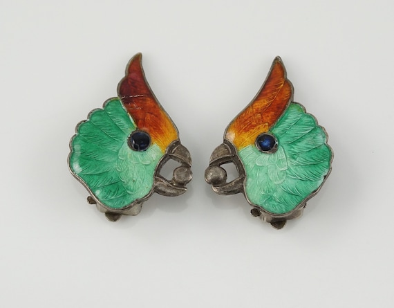 Sterling and Enamel Art Deco Cockatoo Clip-On Ear… - image 1