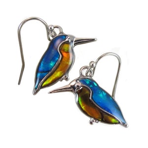 May include: A pair of silver dangle earrings featuring iridescent blue, green, and orange enamel bird charms.