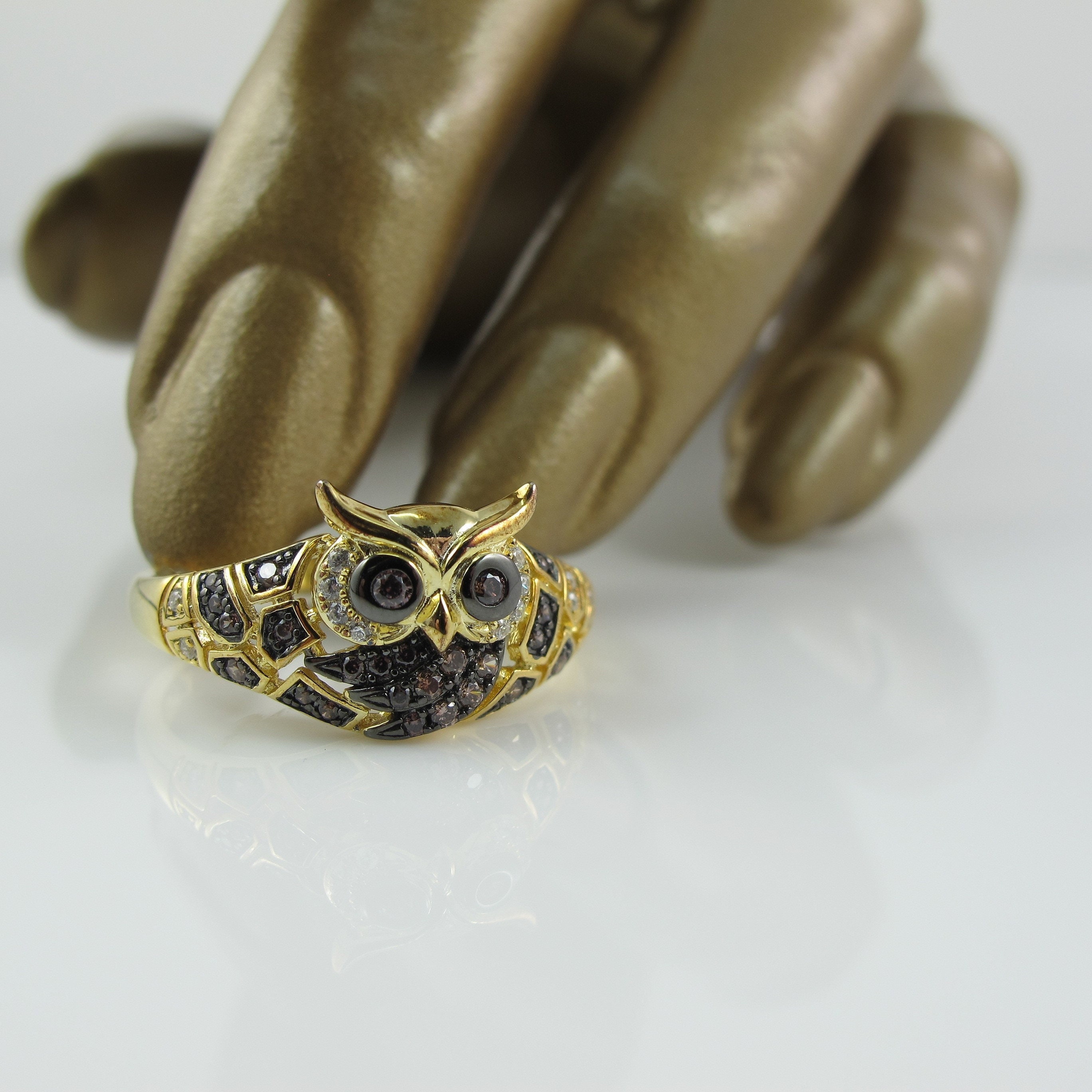 Sterling Horned Owl Ring with Chocolate Cubic Zirconia and Gold Wash, Fall Wedding, Halloween, Totem