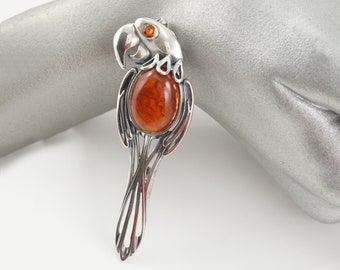 Vintage Amber Sterling Parrot Brooch, Parrot Lover Gift, Mother's Day, Gemstone Bird Pin, Art Nouveau Style