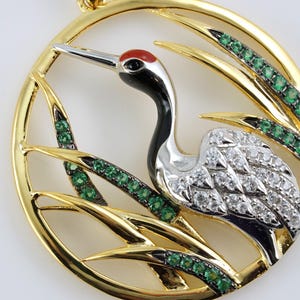 Sterling Red-crowned Crane Pendant, CZ and Spinel, Heron Lover Gift, Birdwatcher Gift