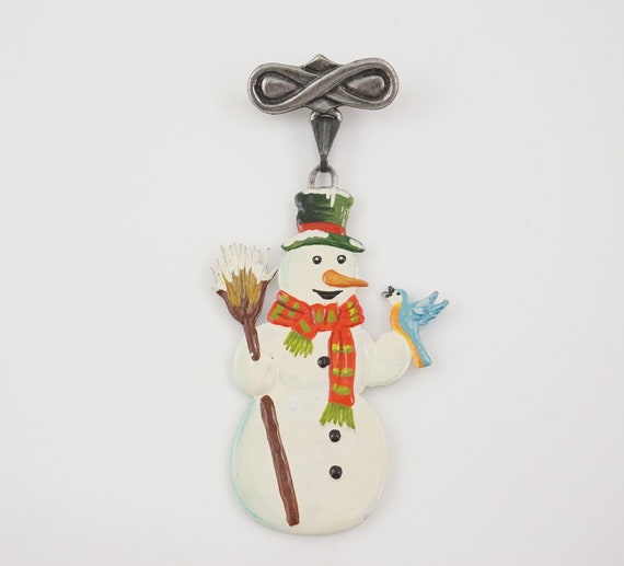 Vintage Snowman with Bluebird Brooch,  Hand Paint… - image 4