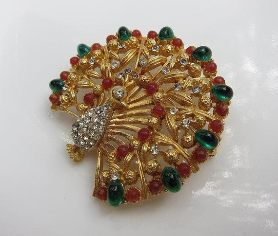 Mid Century Cabochon Peacock Brooch - image 7