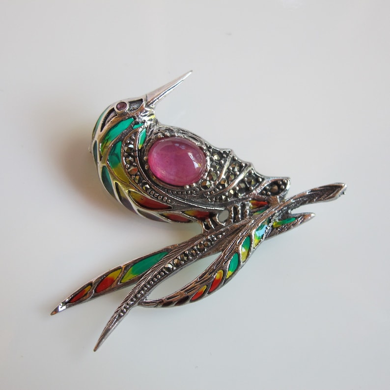 Exotic Bird Jewelry Sterling Marcasite Bird Brooch Kingfisher Bird Lover Gift Plique a Jour Rainbow Colors