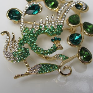 Vintage Peacock Pin with Green Rhinestones, Holiday Bird, Christmas Party Jewelry image 1