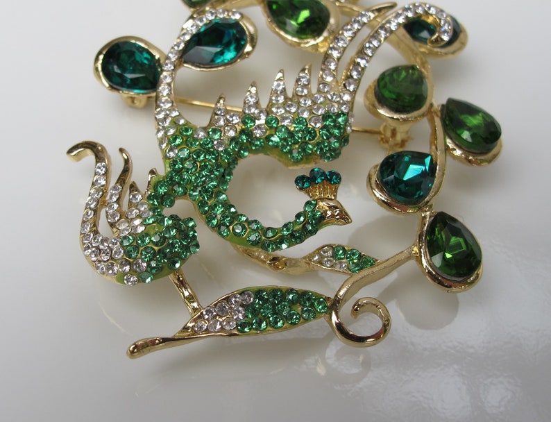 Vintage Peacock Pin with Green Rhinestones, Holiday Bird, Christmas Party Jewelry image 1