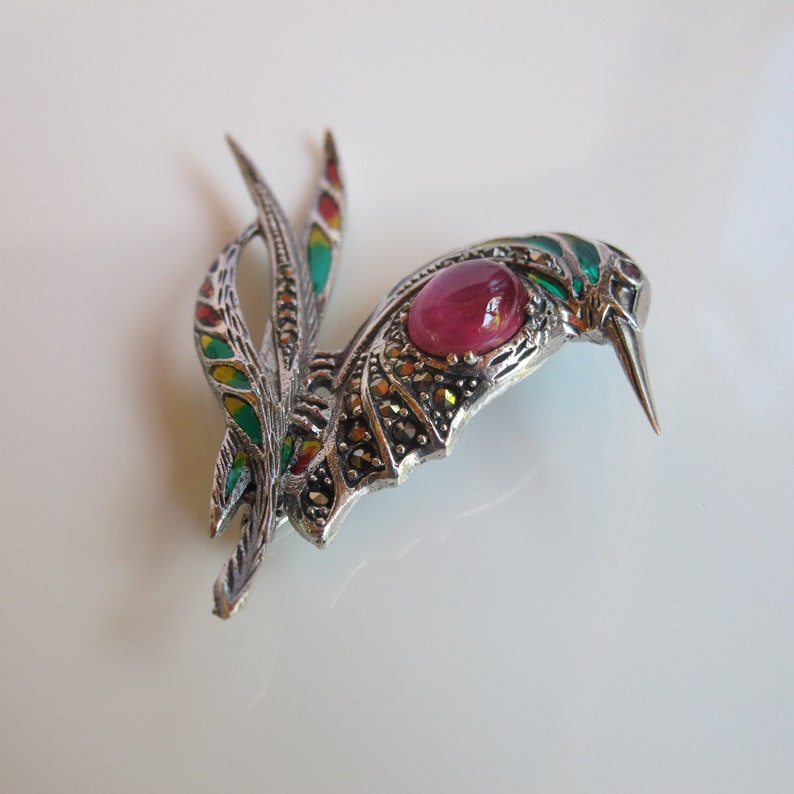 Exotic Bird Jewelry Sterling Marcasite Bird Brooch Kingfisher Bird Lover Gift Plique a Jour Rainbow Colors