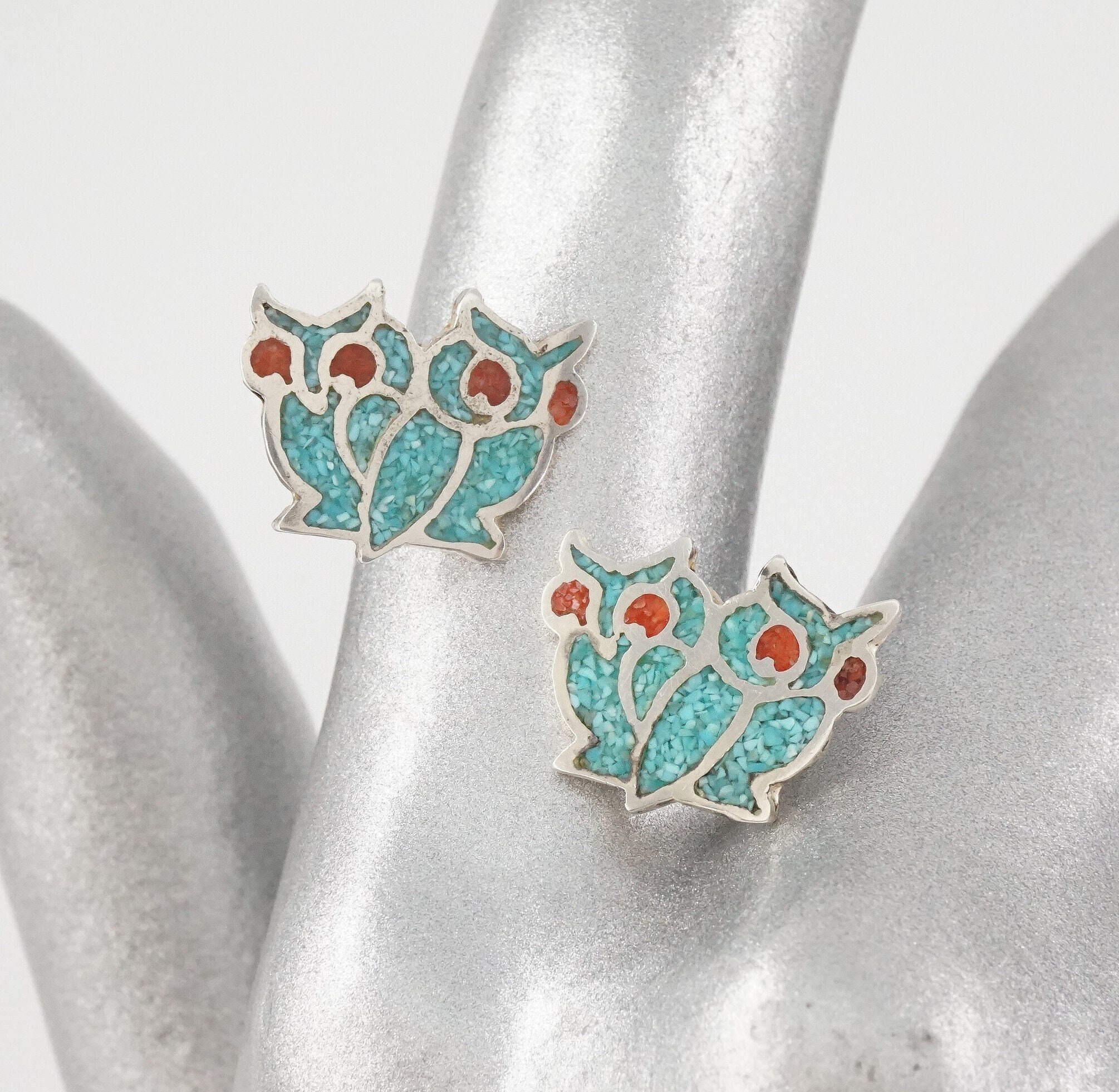 Horned Owl Stud Earrings, Sterling Silver, Turquoise and Coral, Native American, Southwest Jewelry, 