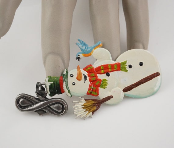 Vintage Snowman with Bluebird Brooch,  Hand Paint… - image 5