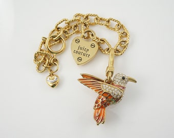 Juicy Couture Hummingbird Charm Bracelet, Heart and Lock Charms, Wings Move, Bird Lover Gift, Spring Jewelry