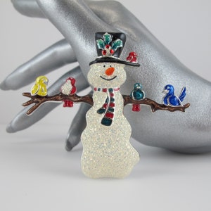 Snowman with Birds Pin, Christmas Bird, Holiday Jewelry, Frosty