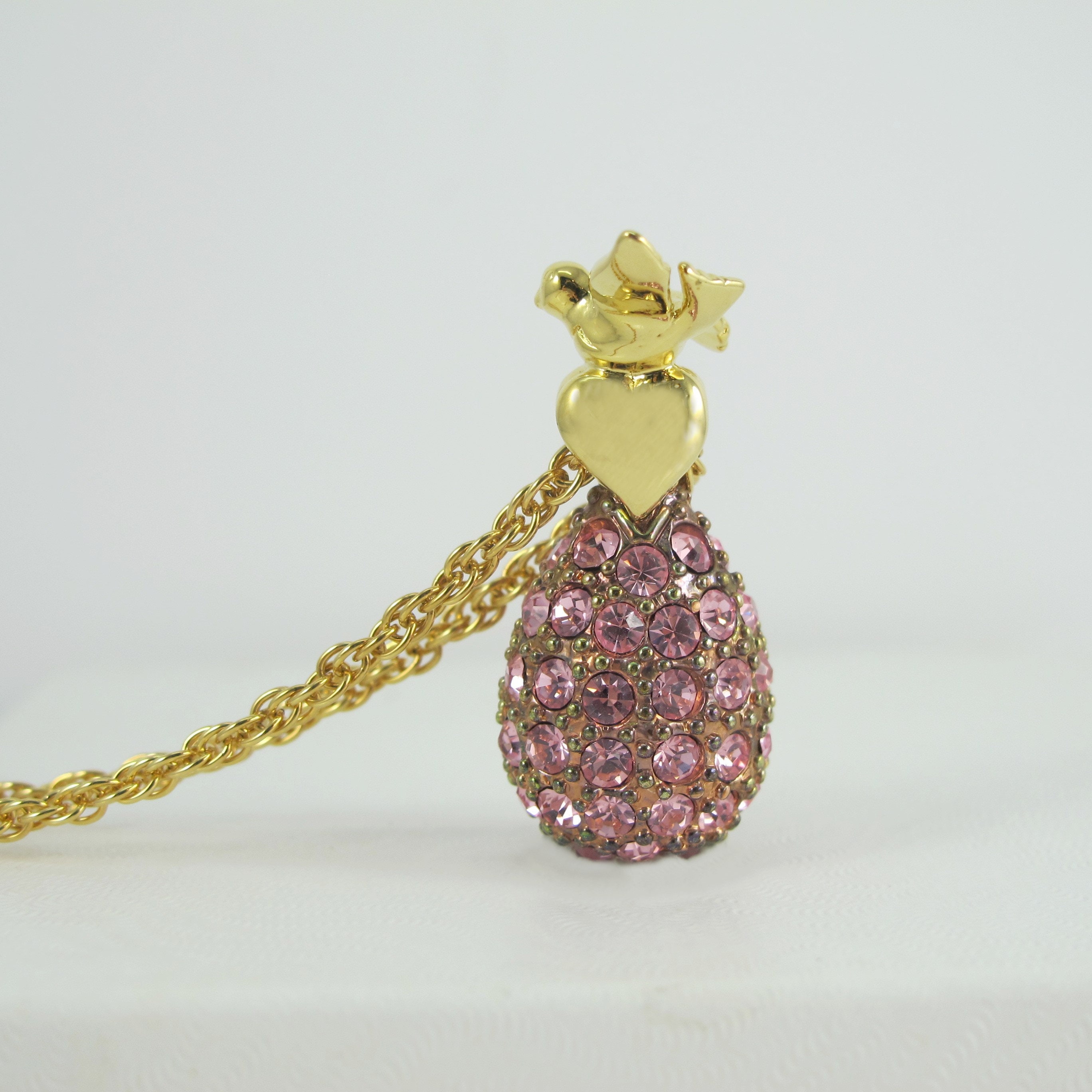 Joan Rivers Dove and Heart Necklace, Egg Shape, Pink Rhinestones, Long Necklace, Bird Jewelry, Animal, Mother's Day