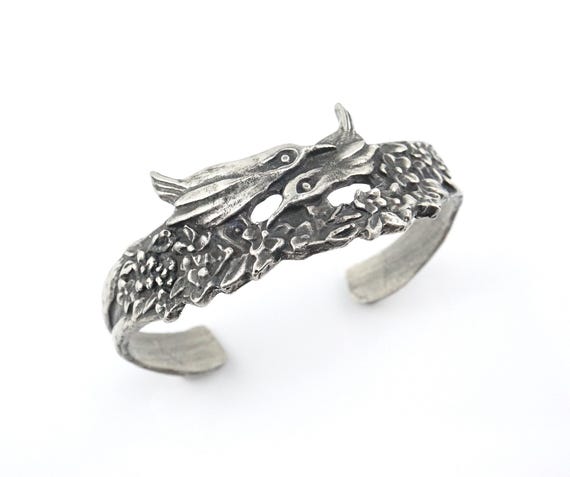 Vintage Pewter Wren Cuff Bracelet, Two Songbirds, Flowers, Birdwatcher Gift