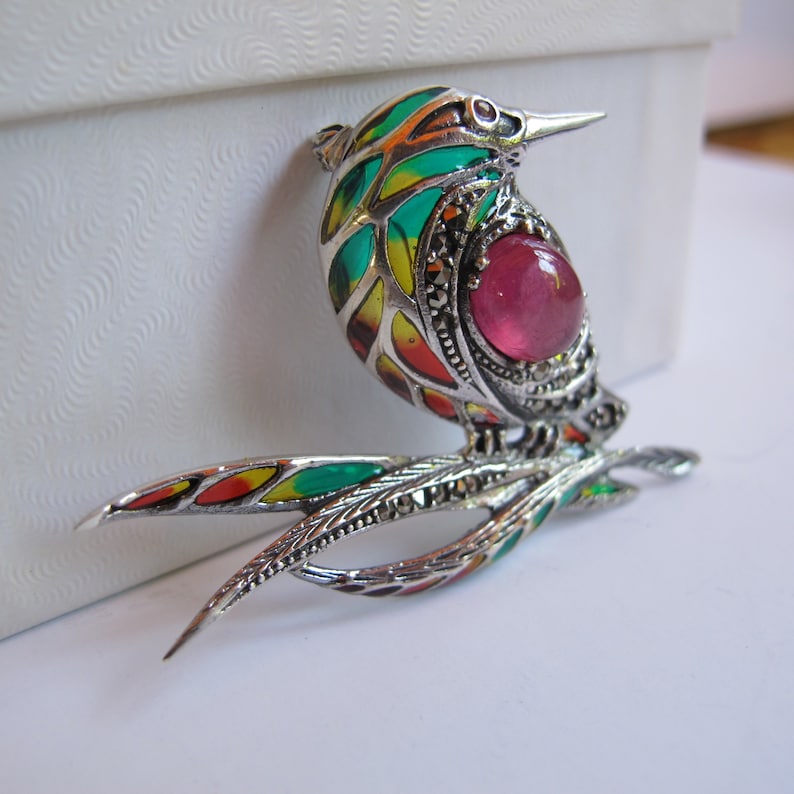 Exotic Bird Jewelry Sterling Marcasite Bird Brooch Kingfisher Bird Lover Gift Plique a Jour Rainbow Colors