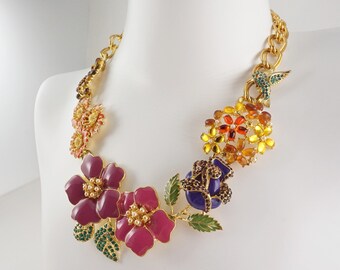 Joan Rivers Hummingbird and Flowers Necklace, Limited Edition, Spring Jewelry, Statement Necklace