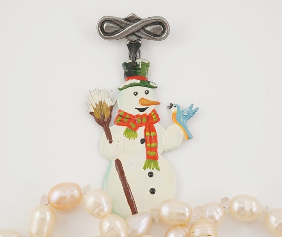 Vintage Snowman with Bluebird Brooch,  Hand Paint… - image 3