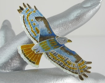 Sterling Cloisonne Red-tailed Hawk Brooch, Bird of Prey Pin, Bird Jewelry, Raptor, Animal