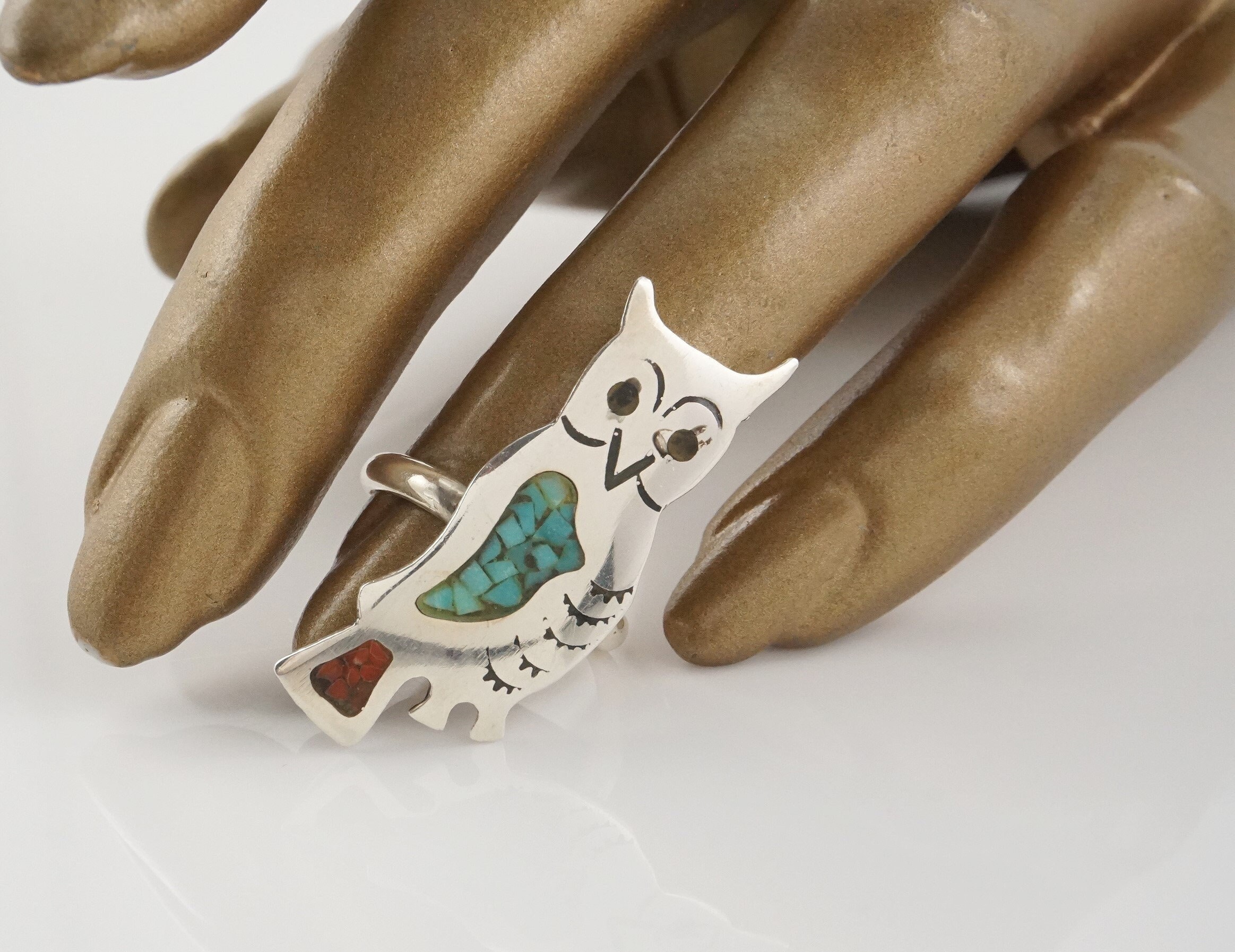 Southwest Horned Owl Ring, Size 5.25, Sterling Silver, Turquoise and Coral, Halloween Jewelry, Nativ