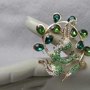 Vintage Peacock Pin with Green Rhinestones, Holiday Bird, Christmas Party Jewelry image 4