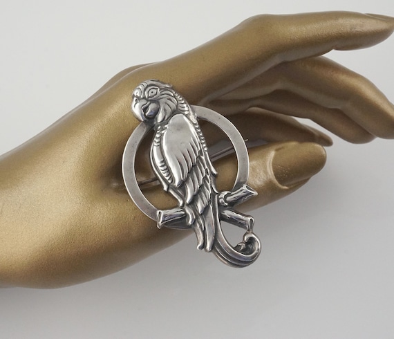 Art Deco Sterling Parrot in a Ring Brooch, Pet Pa… - image 1