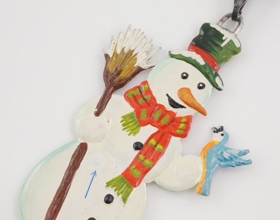 Vintage Snowman with Bluebird Brooch,  Hand Paint… - image 9