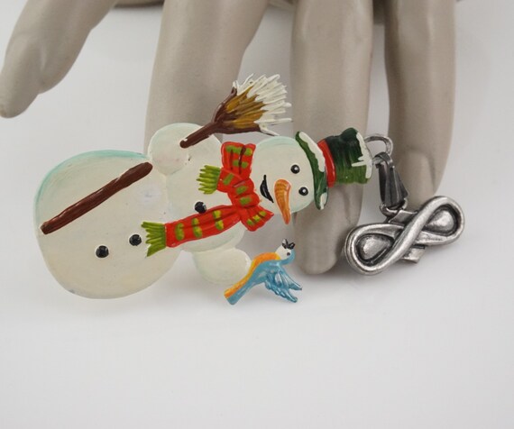 Vintage Snowman with Bluebird Brooch,  Hand Paint… - image 7