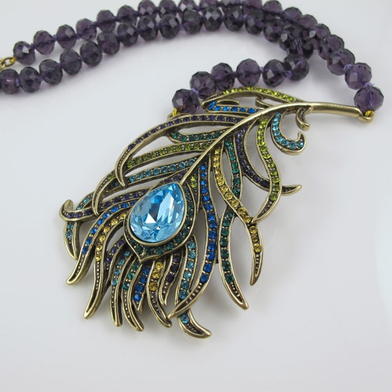 Heidi Daus Feather Necklace, Peacock, Amethyst Gl… - image 1